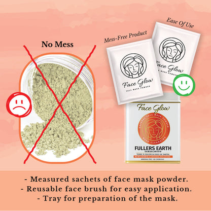 Face Glow- Fuller’s Earth w/ Sandalwood - 12 Individual Sachets of Multani Mitti (10 gm each)- Reusable Brush & Tray Included-3